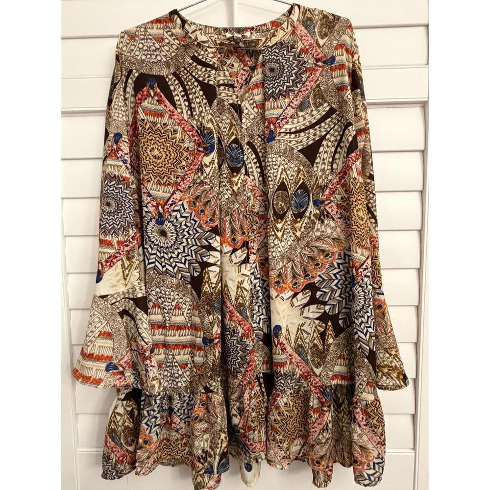 Umgee Boho Multicolor Printed Bell Sleeve Ruffle Hem Mini Dress Size L - Picture 2 of 6
